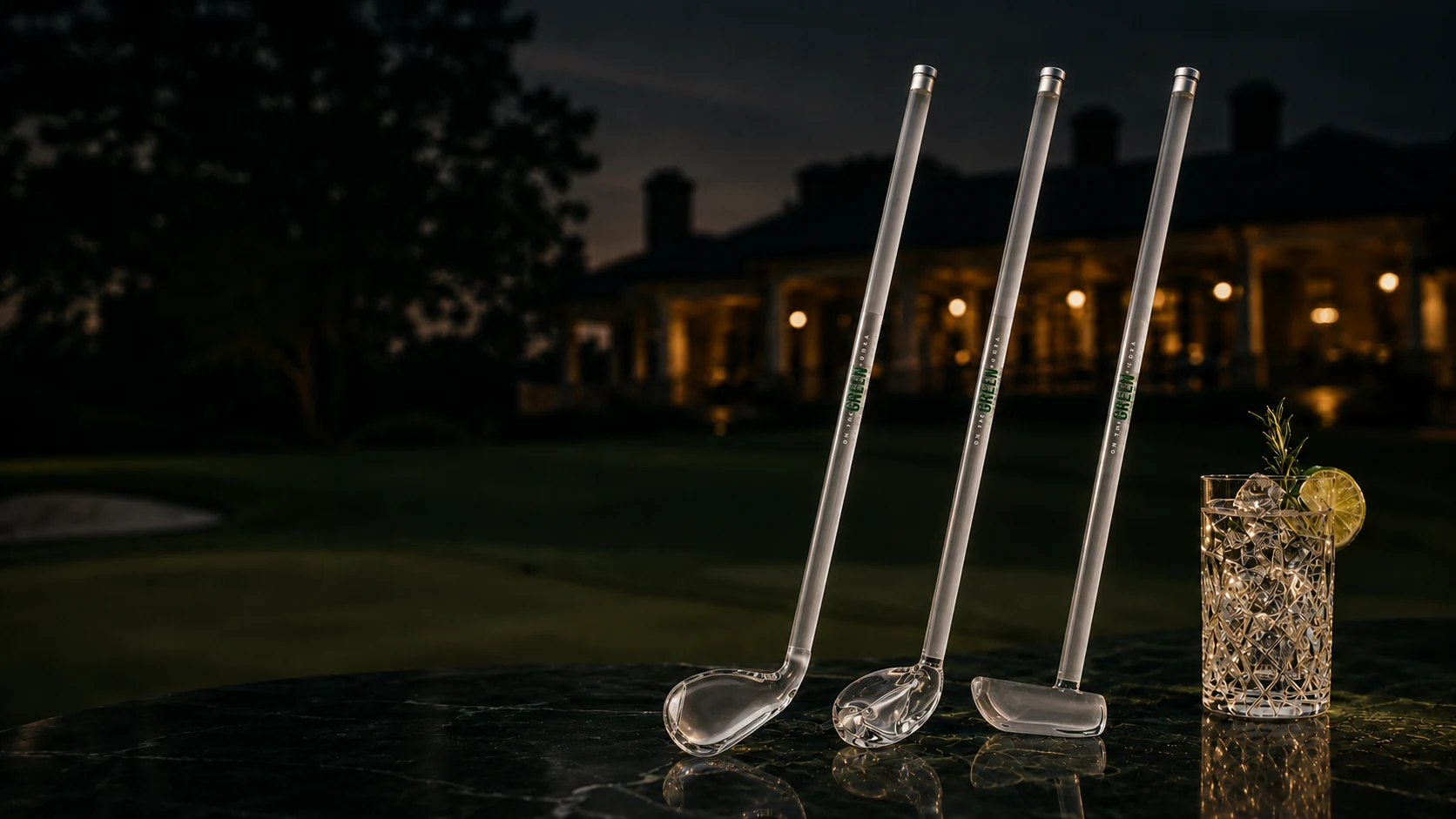 The complete On The Green golf vodka collection displayed outside a clubhouse